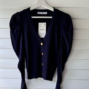 ZARA Ribbed Knit Cardigan in Navy Blue
